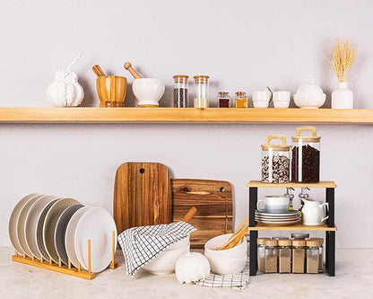 Marsui 4 Pcs Kitchen Organizer Accessories Set Cabinet Organizer Shelf and Bamboo Dish Drying Plate Rack Counter Shelves Storage Holder for Spice Rack, Dish, Pot Lid, Bowl, Cup(Light Color) - Image 6