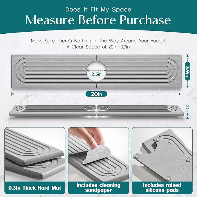 eormoe Faucet Mat for Kitchen Sink - Diatomaceous Earth Faucet Splash Guard, Fast Drying Sink Protector - Water Absorbing Stone for Bathroom Sink (Grey, 19.5'' x 3.9'') - Image 2