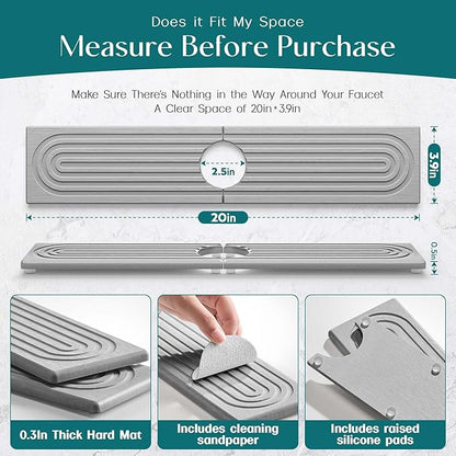 eormoe Faucet Mat for Kitchen Sink - Diatomaceous Earth Faucet Splash Guard, Fast Drying Sink Protector - Water Absorbing Stone for Bathroom Sink (Grey, 19.5'' x 3.9'') - Image 2