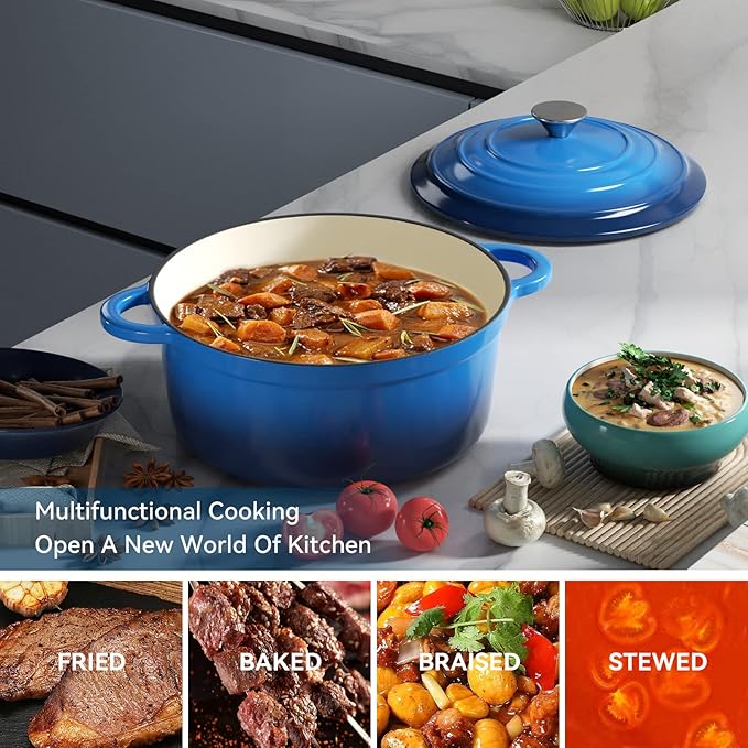 Miereirl 4.5 Quart Enameled Dutch Oven Pot with Lid, Cast Iron Dutch Oven with Dual Handles for Bread Baking, Cooking, Non-stick Enamel Coated Cookware (Dark Blue) - Image 6