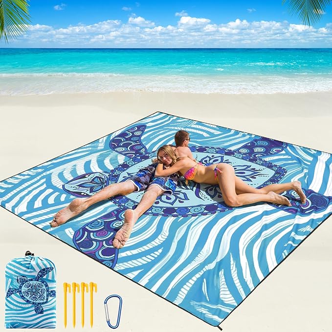 WIWIGO Beach Blanket Waterproof Sandproof Beach Mat 79" X 83"/10'x9'for 2-8 Adults Quick Drying Outdoor Picnic Mat Beach Accessories for Travel, Camping, Hiking by WIWIGO