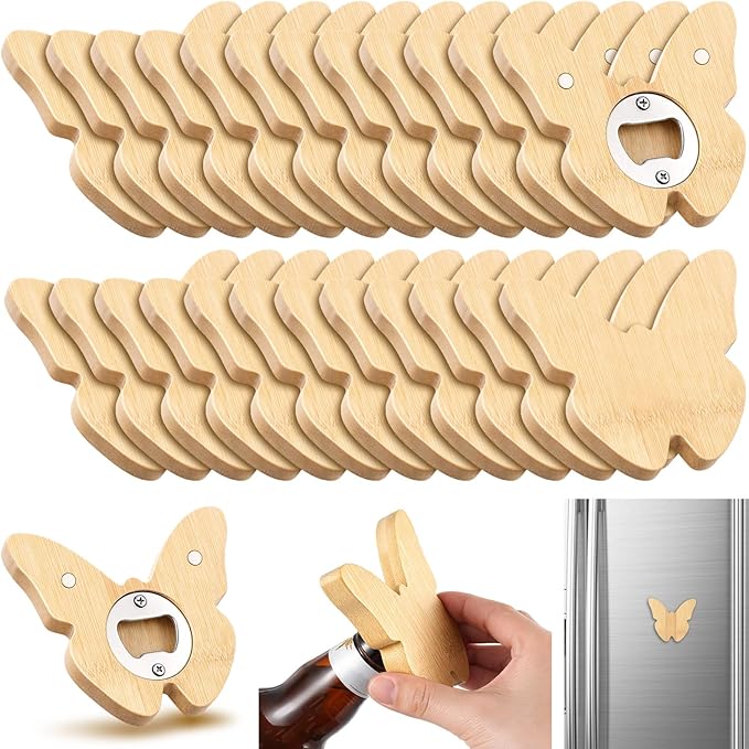 Vesici 24 Pcs Magnetic Bottle Opener 2.5in DIY Bamboo Butterfly Shape Beer Openers Wooden Fridge Magnet Refrigerator Sticker Gift for Beer Lover Wedding Guest Kitchens Bars Parties by Vesici