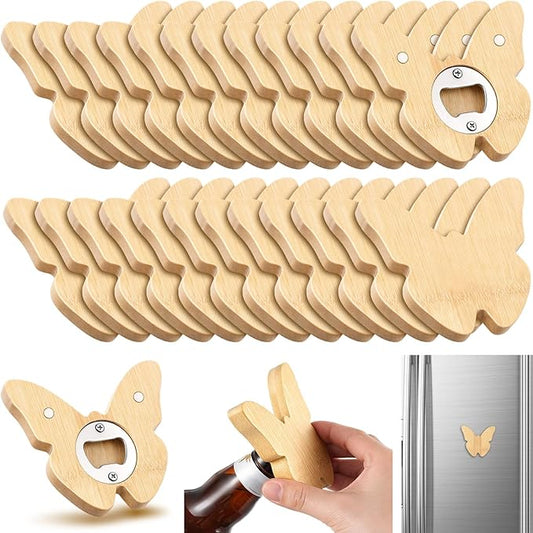 Vesici 24 Pcs Magnetic Bottle Opener 2.5in DIY Bamboo Butterfly Shape Beer Openers Wooden Fridge Magnet Refrigerator Sticker Gift for Beer Lover Wedding Guest Kitchens Bars Parties by Vesici