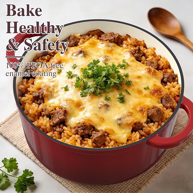 Umite Chef 7QT Enameled Cast Iron Dutch Oven with Lid & Cotton Potholders–Heavy-Duty Cookware for Bread Baking, Braising, Stews, Marinate, Cook(Red) - Image 3