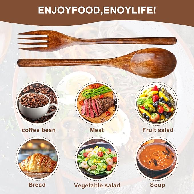 6 Pcs Wooden Forks and Spoons Reusable Wooden Spoons Forks Set Eating Utensil Set wooden Cutlery Wood Dinnerware Set Wood Kitchen Tableware Bamboo Utensils for Stirring Cooking Eating - Image 3
