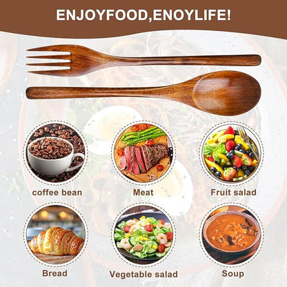 6 Pcs Wooden Forks and Spoons Reusable Wooden Spoons Forks Set Eating Utensil Set wooden Cutlery Wood Dinnerware Set Wood Kitchen Tableware Bamboo Utensils for Stirring Cooking Eating - Image 3