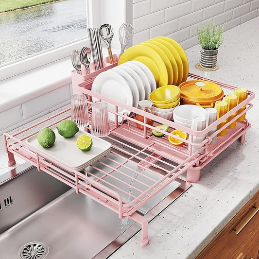 SNTD Dish Drying Rack - Extendable Dish Rack, Large Sink Drying Dish Drainer for Kitchen Counter, Stainless Steel Dish Strainer with Utensil Holder (Pink) by SNTD