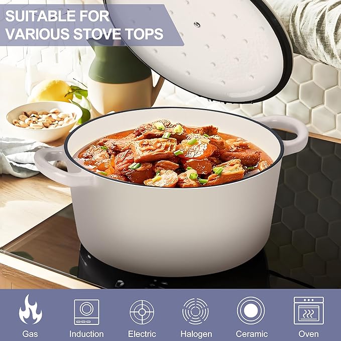 TeamFar Dutch Oven, 6QT Enameled Cast Iron Dutch Oven Cooking Pot with Lid & Dual Handles, for Bread Baking Braising Stewing, Heavy Duty & Non Stick, Oven & All Stovetops Safe - Khaki - Image 5