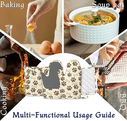 Dog Bone Paw Print Pot Holders and Oven Mitts Set Silicone Cute Animal Paws Kitchen Gloves Potholders Heat Resistant Washable,Chef Cooking Baking Gifts for Women Men Bakers Lover Cooks