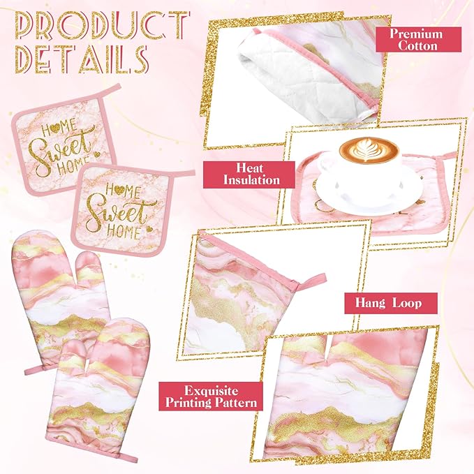Bencailor Light Pink 6 Pcs Marble Kitchen Decor Gold Pot Holders Oven Mitts 2 Dish Towels 2 Farmhouse Cooking Mittens Oven Glove and Potholder for Baking Cooking Grilling Supply Accessories
