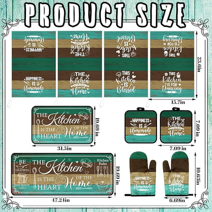 Fourluoo 10 Pcs Farmhouse Kitchen Decor and Accessories Set 4 Kitchen Towels 2 Pot Holders 2 Oven Mitts 2 Rugs for Cooking Baking Mom Housewarming Gifts(Green,Classic Style) - Image 3