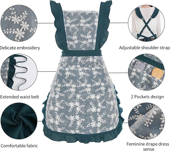 Pinknoke Vintage Pinafore Apron Dress for Women with Pockets Cute Floral Chef Aprons for Kitchen Cooking Baking Gardening - Image 6