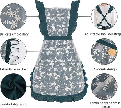 Pinknoke Vintage Pinafore Apron Dress for Women with Pockets Cute Floral Chef Aprons for Kitchen Cooking Baking Gardening - Image 6