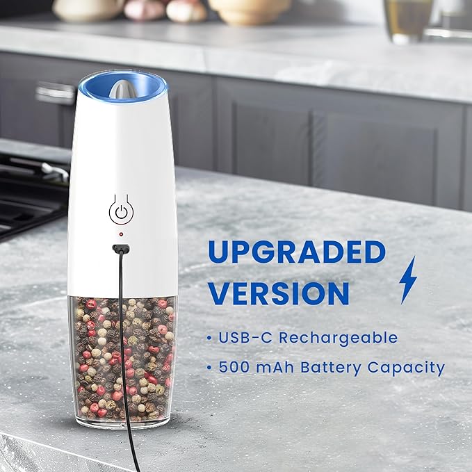 UNNEES Rechargeable Electric Salt and Pepper Grinder set of 2, gravity electric salt and pepper grinder set, Adjustable Roughness, LED Light, 2 Pack, (White) - Image 2