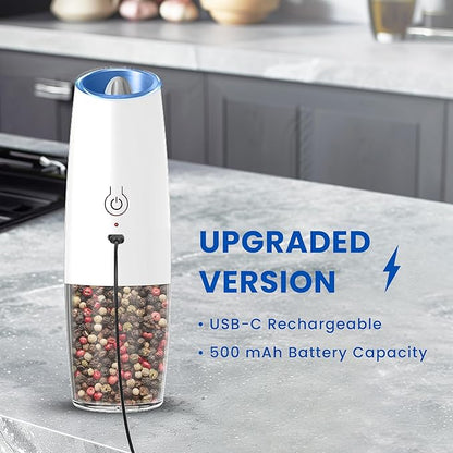 UNNEES Rechargeable Electric Salt and Pepper Grinder set of 2, gravity electric salt and pepper grinder set, Adjustable Roughness, LED Light, 2 Pack, (White) - Image 2