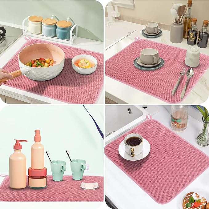 GeeRic Microfiber Dish Drying Mat, Super Absorbent Kitchen Dish Drying Pad for Mother's Day, Reversible Gift Mats for Countertop, 12 * 16 inch Pink - Image 4