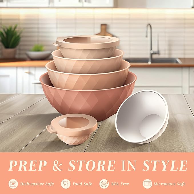 COOK WITH COLOR Mixing Bowls with Lids - 12 Piece Plastic Nesting Bowls Set includes 6 Prep Bowls and 6 Lids, Microwave Safe Mixing Bowl Set, Orange Diamond - Image 2