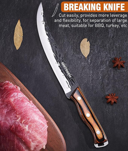 Naitesen 4PCS Hand Forged Butcher Knife and Kitchen Knife 2 in 1 Set, Heavy Duty Meat Cleaver Serbian Chef Knife Breaking Knife Boning Knife for Meat Cutting BBQ Gifts for Men Women - Image 3
