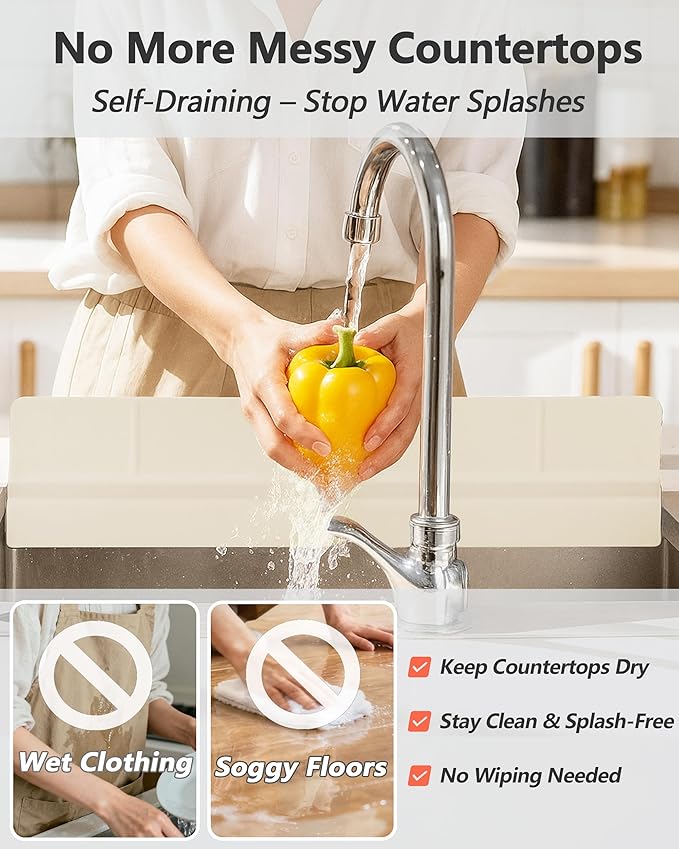 Kitchen Sink Splash Guard 30" 18" 23" Self-Draining Silicone Water Guard with High Splash Wall & Strong Suction Cups for Faucet, Countertop & Sink Edge, Keeps Sinks Dry, Dishwasher Safe,Cream