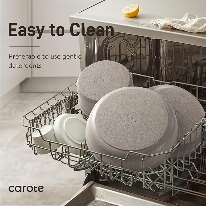 CAROTE 19pcs Pots and Pans Set Non Stick, Nonstick Cookware Set Detachable Handle, Induction Kitchen Cooking Sets with Removable Handle, RV Kitchen, Oven Safe, Taupe - Image 4
