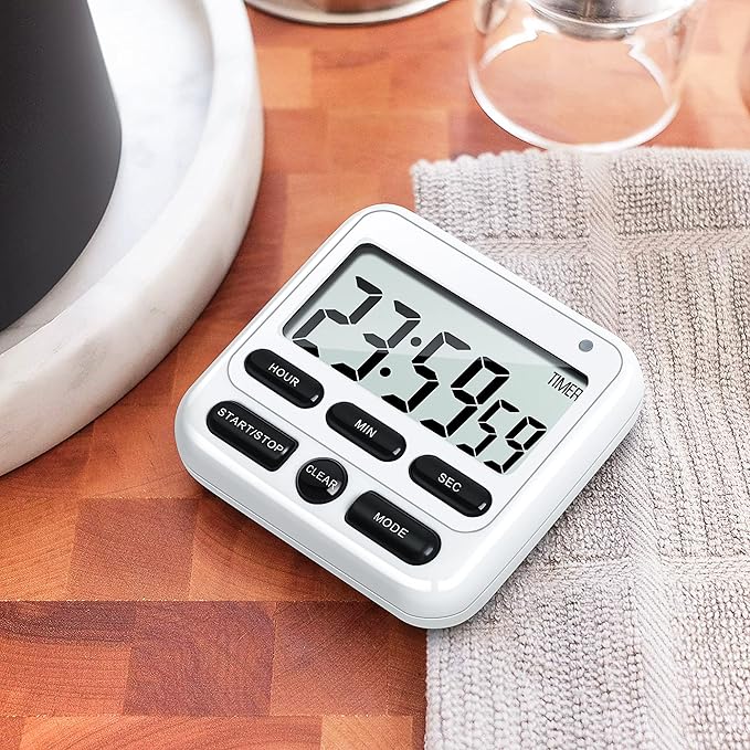 KTKUDY Digital Kitchen Timer with Mute/Loud Alarm Switch ON/Off Switch, 12-Hour Clock & Alarm, Memory Function Count Up & Count Down for Kids Teachers Cooking, Large LCD Display, Strong Magnet (White) - Image 8