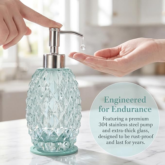 MALACHI Soap Dispenser Set, Crystal-Textured Diamond Glass with Rustproof Stainless Steel Pump, Dual-Labelled Hand & Dish Soap Dispenser for Kitchen & Bathroom