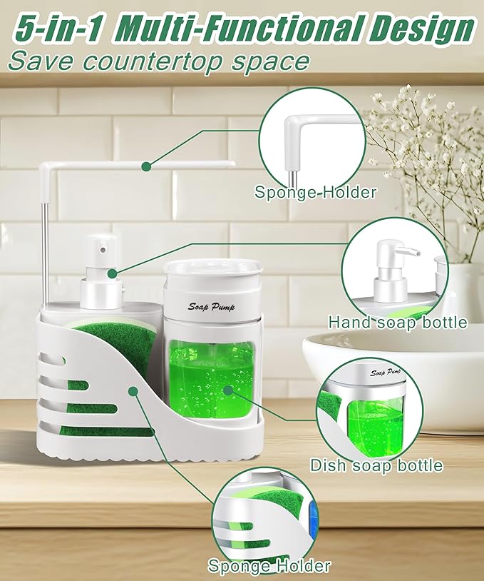 Kitchen Soap Dispenser Set, 4-in-1 Dual Hand and Dish Soap Dispenser with Sponge Holder and Dishcloth Holder for Kitchen Sink (White) - Image 5