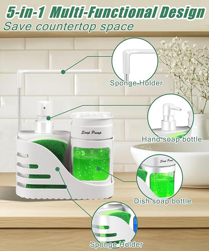 Kitchen Soap Dispenser Set, 4-in-1 Dual Hand and Dish Soap Dispenser with Sponge Holder and Dishcloth Holder for Kitchen Sink (White) - Image 5