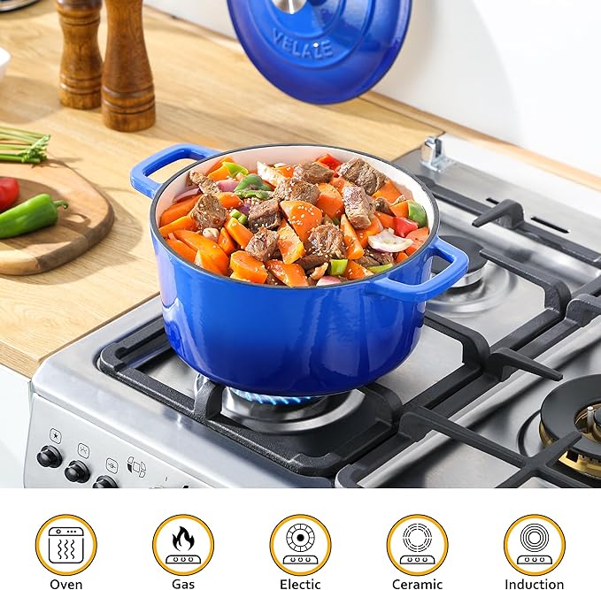 Velaze 6 QT Enameled Dutch Oven Pot with Lid, Cast Iron Dutch Oven with Dual Handles for Sourdough Bread Baking, Cooking, Non-stick Enamel Coated Cookware (Blue) - Image 7
