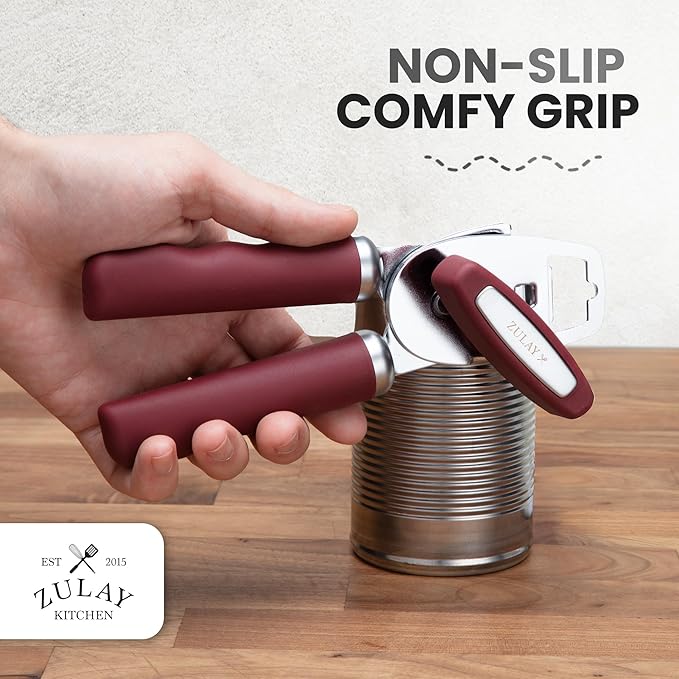 Zulay Kitchen Heavy Duty Stainless Steel Can Opener Manual with Bottle Opener - Rust Proof Manual Can Opener With Turn Knob & Comfy Soft Grip Handles - Deep Red - Image 5