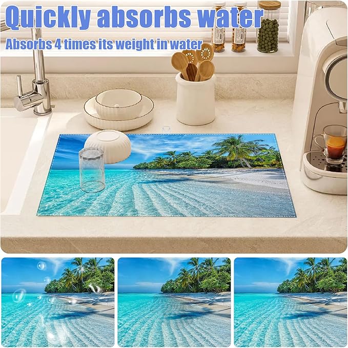 Beach Palm Tree Dish Drying Mat for Kitchen Counter Drying Pad Absorbent Reversible Dish Drainer Rack Mats Draining Pad 18"x24"Inch - Image 4