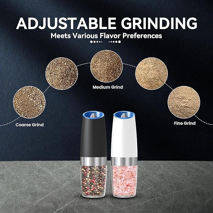 UNNEES Gravity Electric Salt and Pepper Grinder set of 2, Automatic Salt And Pepper Grinder Set, Adjustable Roughness, Battery Powered, LED Light, 2 Pack, (Black&White) - Image 3