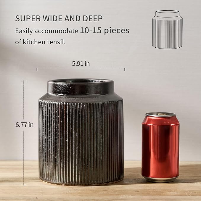 JIEMEI HOME Kitchen Utensil Holder, 6.77" Ceramic Farmhouse Stable Utensil Crock for Countertop, Vintage Style Cooking Tool Organizer with Cork Mat, Spatula Holder For Kitchen Decor, Black - Image 2