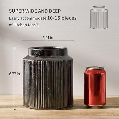 JIEMEI HOME Kitchen Utensil Holder, 6.77" Ceramic Farmhouse Stable Utensil Crock for Countertop, Vintage Style Cooking Tool Organizer with Cork Mat, Spatula Holder For Kitchen Decor, Black - Image 2