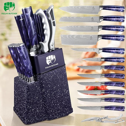 FULLHI 14pcs Block Knife Set, Chef's Knife Steak Knives Set with Block and Sharpener, Kitchen Knife Set, Multi-colour Handle, Gifts for Men Women