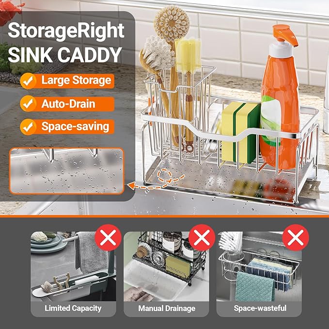StorageRight Kitchen Sink Caddy Organizer, Rustproof Sponge Holder for Kitchen Sink, Instant Dry High Brush Holders with Drain Tray, Anti-Slip Sink Storage Organization Essentials, Silver - Image 4