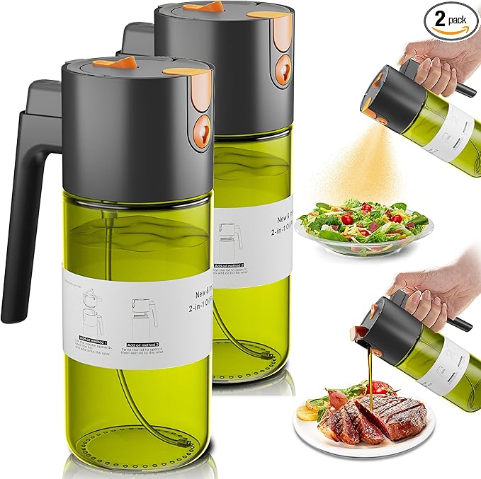 OURCABECUE Upgrade 2 in 1 Oil Sprayer for Cooking, 17oz Light-Blocking Glass Olive Oil Dispenser Bottle for Kitchen,Food-Grade Oil Mister with 8 Stickers(2PCS) by OURCABECUE
