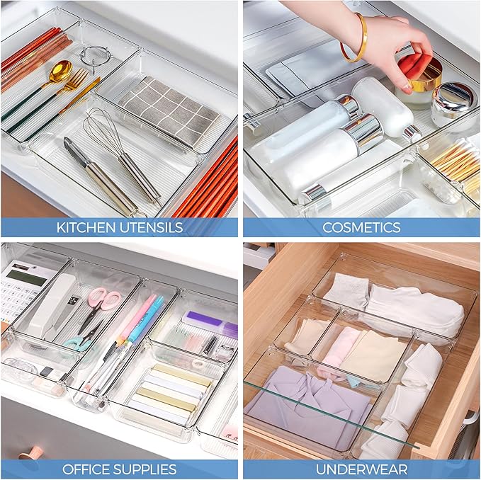 Ravinte 6 Pack Drawer Organizer - 3" X 6" Plastic Storage Bins, Acrylic Organizers with Non-Slip Pads Clear Desk Storage Tray for Makeup, Jewelries, Kitchen Utensils, Bathroom and Office - Image 7