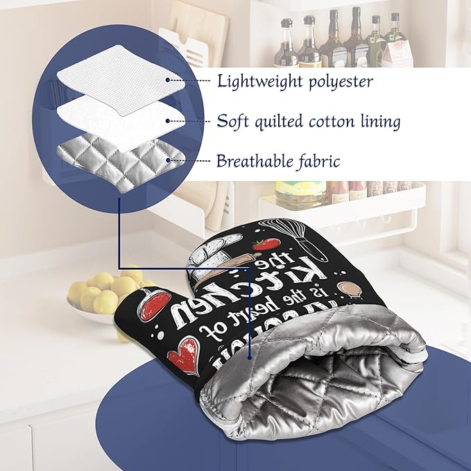 Funny Oven Mitts and Pot Holders Sets of 4 The Kitchen is The Heart of The Home Heat Resistant Silicone Oven Mits Gloves Non-Slip Kitchen Mittens Potholders for Cooking Baking Grilling BBQ