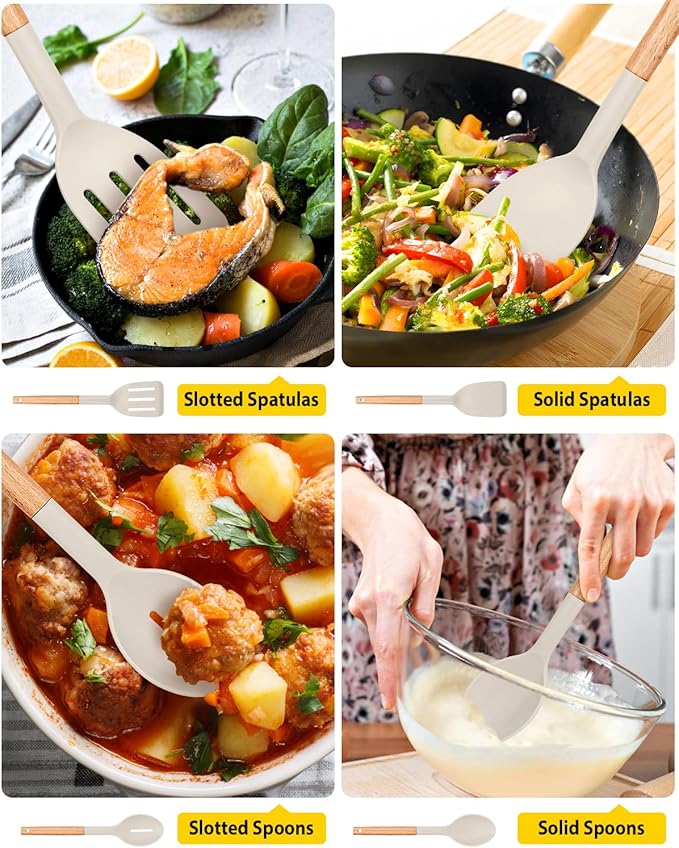Pack of 4 Silicone Cooking Utensils Set, Non Stick Solid Spatulas and Heat Resistant Slotted Spoons with Wooden Handle, Ideal Wood Kitchen Utensils Set for Frying,Serving,Turning,Stirring (KHAKI) - Image 5