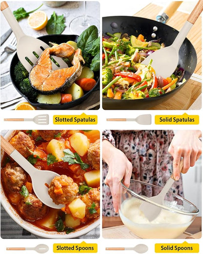 Pack of 4 Silicone Cooking Utensils Set, Non Stick Solid Spatulas and Heat Resistant Slotted Spoons with Wooden Handle, Ideal Wood Kitchen Utensils Set for Frying,Serving,Turning,Stirring (KHAKI) - Image 5