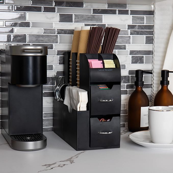 Mind Reader Cup and Condiment Station, Countertop Organizer, Coffee Bar, Kitchen, Stirrers, 5.35" W x 11.25" L x 11.15" H, Black (Pack of 8) - Image 2