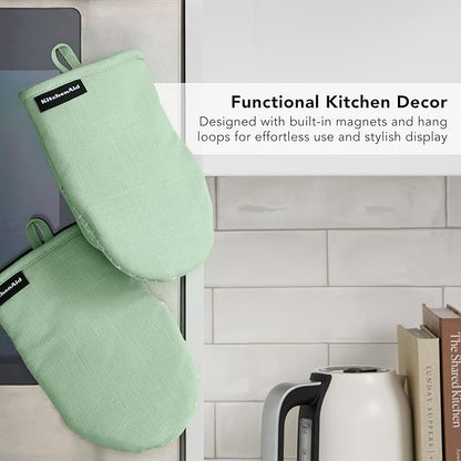 KITCHENAID Gourmet Series Gridlines Mini Oven Mitts 2-Pack Set, Heat Resistant up to 600°F, Soft Silicone Grip, Magnetic Cuff, Pistachio Green, 5.5"x9" - Image 6