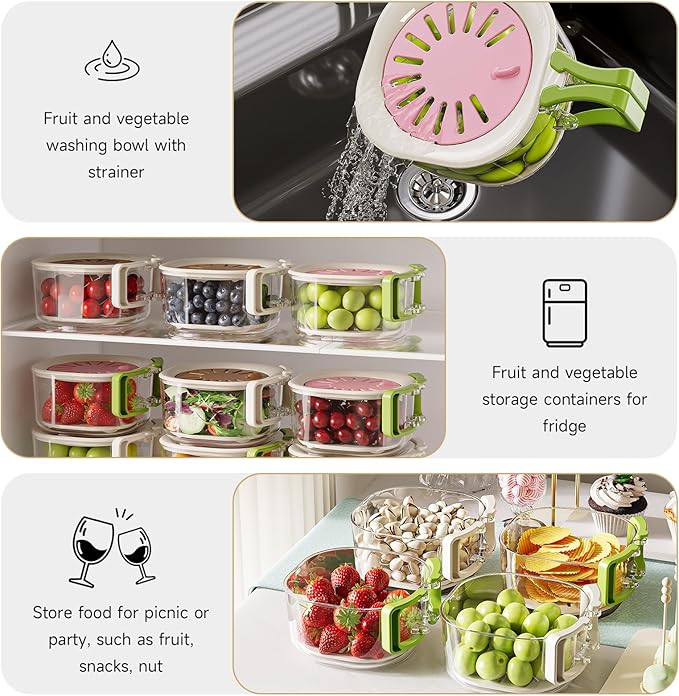 Fruit Vegetable Washing Bowl with Strainer, Multifunctional Produce Washer, Berry Container, Lettuce Keeper for Fridge Refrigerator Organization, Portable Strainers and Colander for Kitchen - Image 2