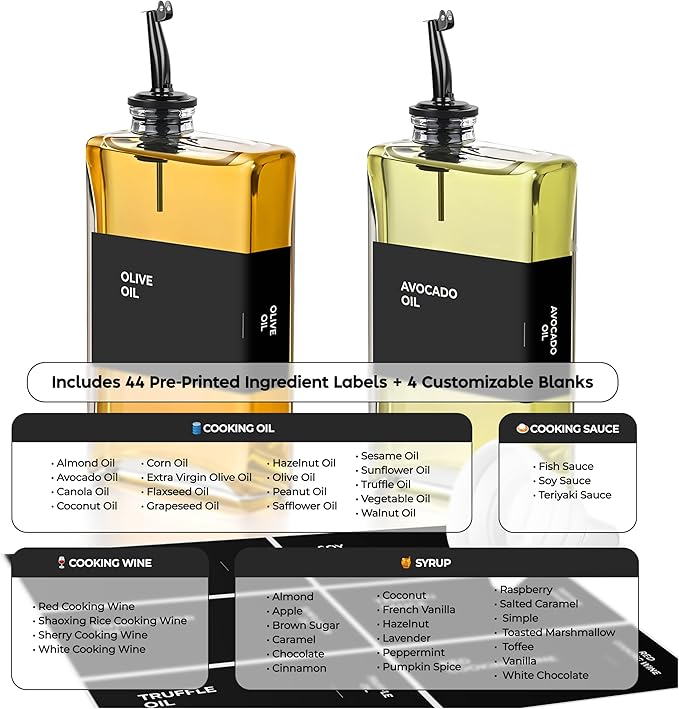 Spaceneat Olive Oil Dispenser Bottle - Includes 44 Kitchen Essential Labels - Cooking Oil Bottles for Kitchen, Coffee Syrup Dispenser - Pourer Spout with 11.8 fl oz Glass Container Cruet - 2pcs, Black - Image 2