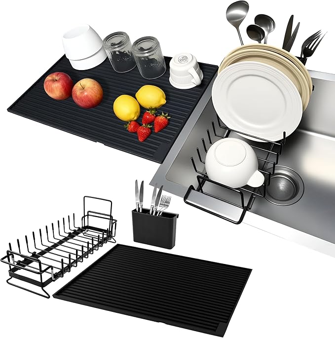 Expandable & Collapsible Dish Drying Rack for Over The Sink and in Sink, Stainless Steel with Silicone Drip Tray, Space Saving Adjustable Dish Rack for Small Kitchen, Apartment & RV