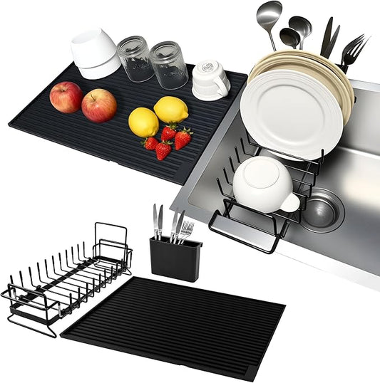 Expandable & Collapsible Dish Drying Rack for Over The Sink and in Sink, Stainless Steel with Silicone Drip Tray, Space Saving Adjustable Dish Rack for Small Kitchen, Apartment & RV