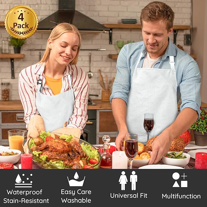 4 Packs Chef Apron, Waterproof Apron, Adjustable Aprons with 2 Pockets for Men Women, Professional Aprons for Kitchen Cooking Gardening Painting Baking Restaurant (White) - Image 2