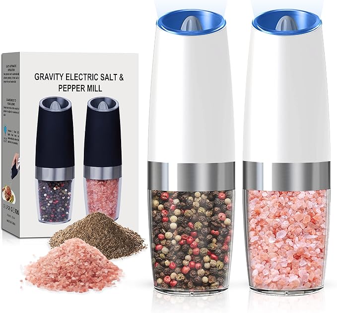 Battery Operated Salt And Pepper Grinder Set with LED Light, Automatic Electric Gravity Salt And Pepper Shakers Set, Each 6 AAA Batteries Needed, Adjustable Roughness, 2 Pack (White) by Unknown