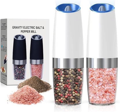 Battery Operated Salt And Pepper Grinder Set with LED Light, Automatic Electric Gravity Salt And Pepper Shakers Set, Each 6 AAA Batteries Needed, Adjustable Roughness, 2 Pack (White) by Unknown